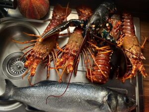 crawfish tails, a lobster, sea urchin (kina), bass